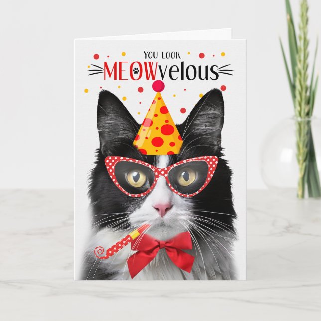 Cartão Tuxedo preto e branco MEOWveludo Aniversário (Frente)