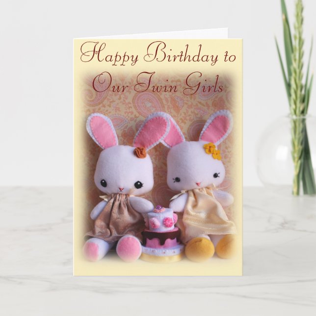 Cartão Twin Bunnies with Cake Happy Birthday Card (Frente)
