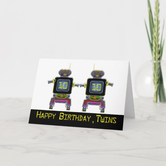 Cartão Twin Robot Birthday, 10 anos (Frente)