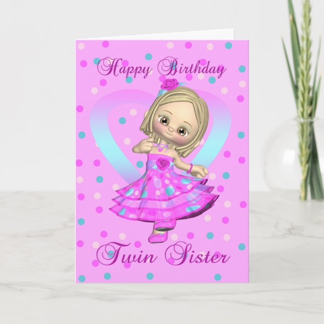Cartão twin sister birthday card - pink and blue polka do (Frente)