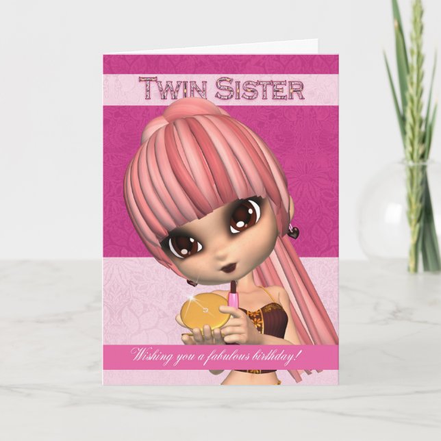Cartão Twin Sister Trendy Birthday Girl Greeting Card (Frente)