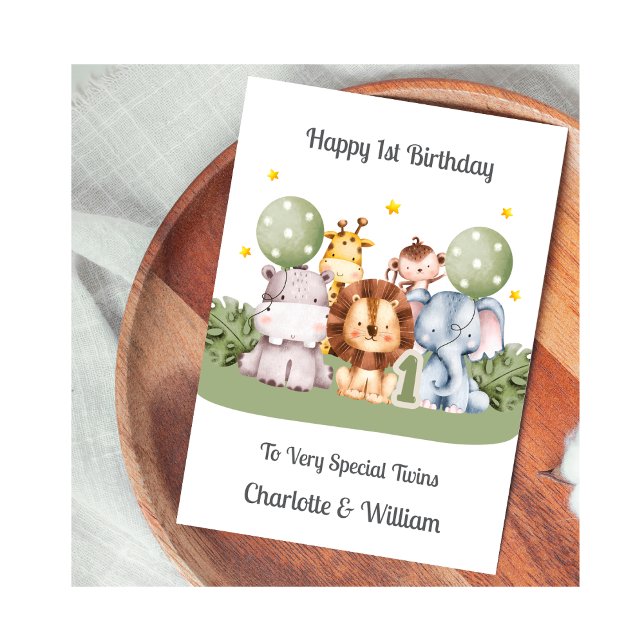 Cartão Twins 1st Birthday Safari Leaf Animals Card (Criador carregado)