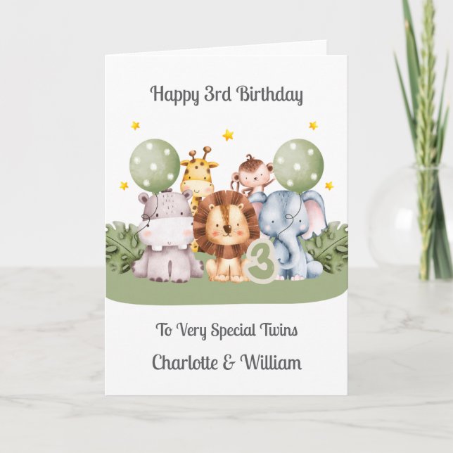 Cartão Twins 3rd Birthday Safari Leaf Animals Card (Frente)