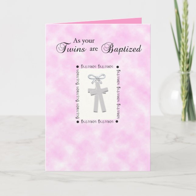 Cartão Twins Baptism Card on Medium Pink with 2 Crosses (Frente)