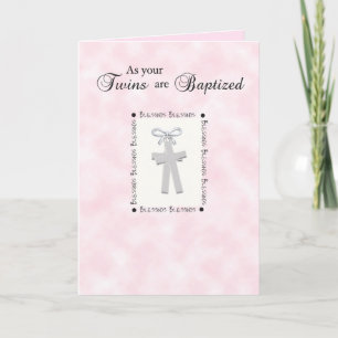 Cartão Twins Baptism Card on Pink with 2 Crosses