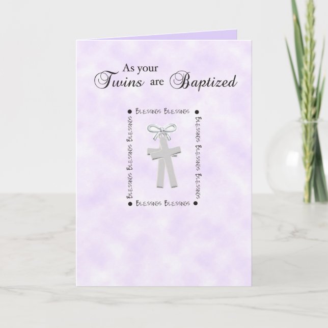 Cartão Twins Baptism Card on Purple with 2 Crosses (Frente)