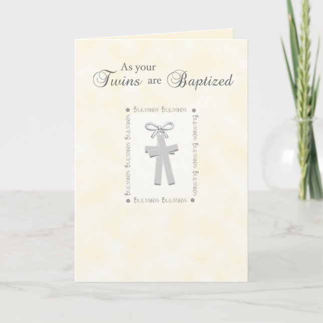 Cartão Twins Baptism Card on Yellow with 2 Crosses (Frente)