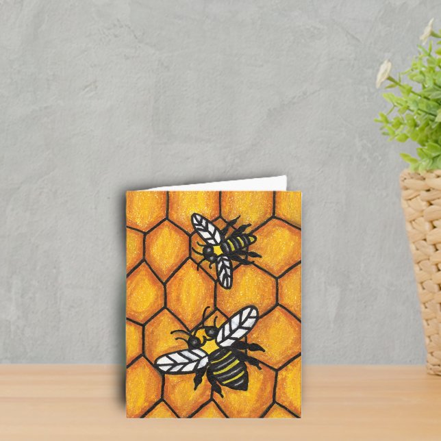 Cartão Two Buzzing Black Yellow Bumble Bees on Honeycomb (Two buzzing black and yellow bumble bees on golden honeycomb notecard.)