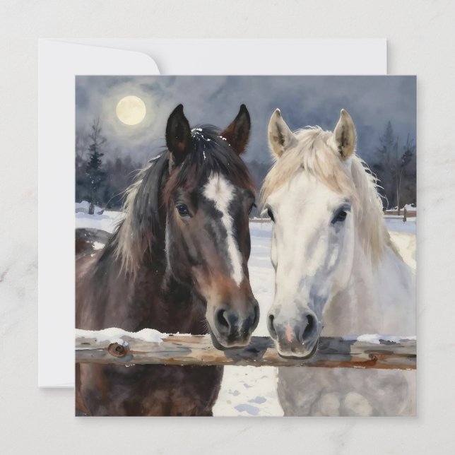 Cartão Two Horses on a Snowy Farm | Blank (Frente)