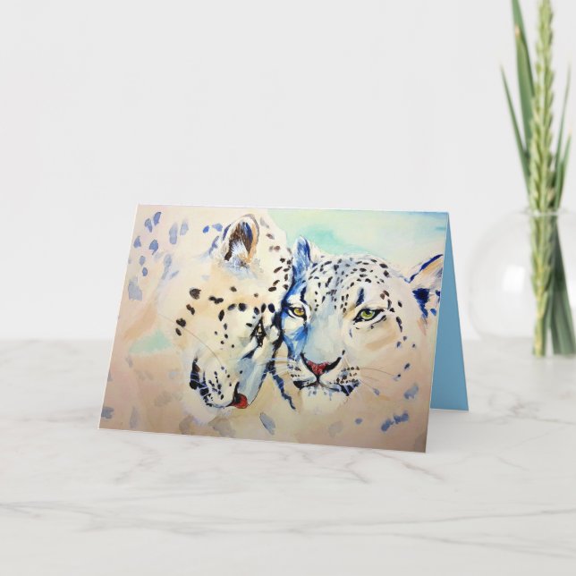 Cartão Two Snow Leopards Cute Love Watercolor (Frente)
