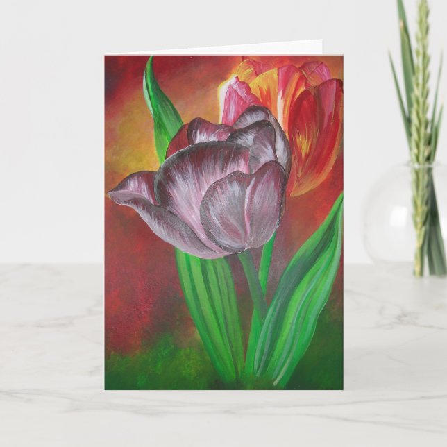 Cartão Two Tulips Against Red Background (Frente)