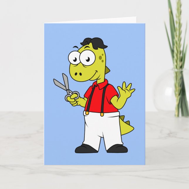 Cartão Tyrannosaurus Rex Barber Com Tesoura. (Frente)