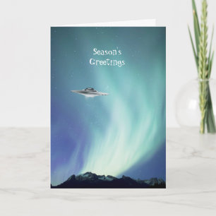 Cartão UFO Spaceship with Northern Lights Holiday Card