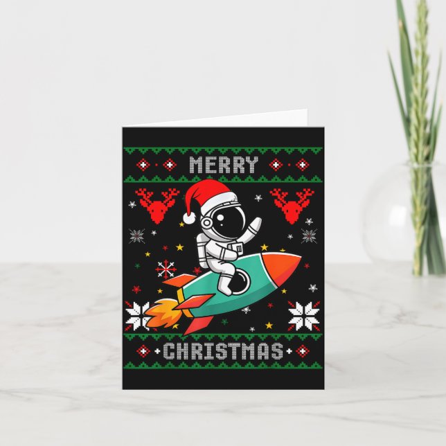 Cartão Ugly Christmas Astronaut Riding Rocket Santa Hat T (Frente)