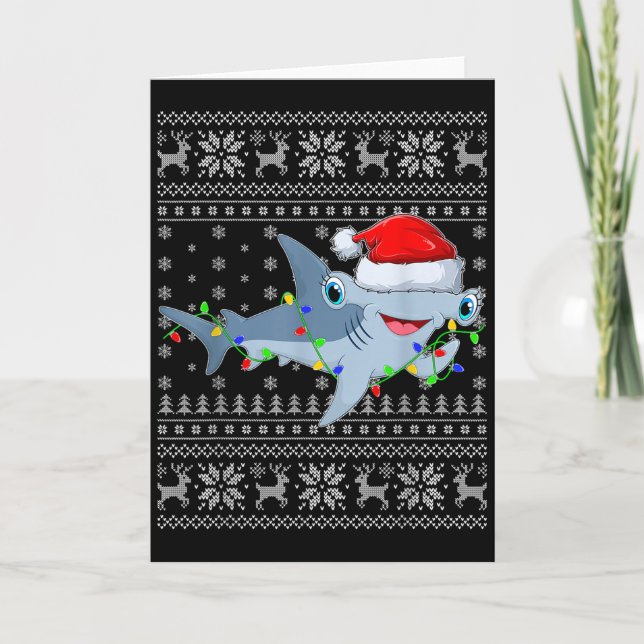 Cartão Ugly Sweater Xmas Lights Santa Hammerhead Shark Ch (Frente)