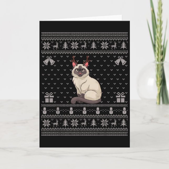 Cartão Ugly Xmas Sweater Style Siamese Cat Reindeer Chris (Frente)
