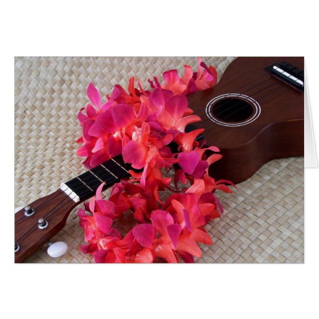 Cartão Ukulele & Red Flower Lei (Frente Horizontal)