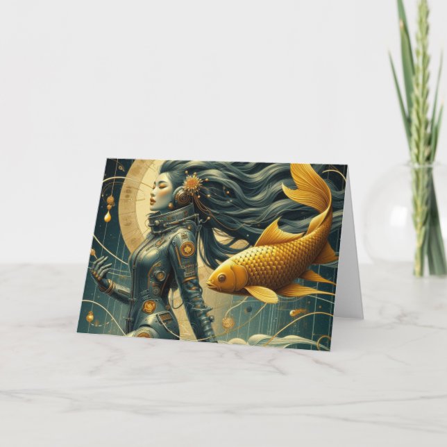 Cartão Um astronauta feminino e peixe - Ocasião Retroativ (Frente)