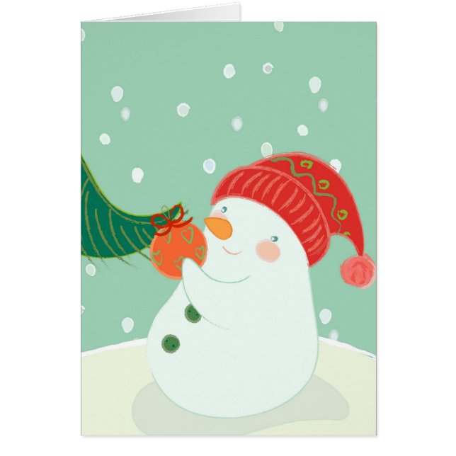 Cartão Um boneco de neve que pendura um ornamento em uma (Frente)