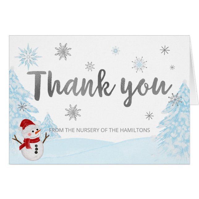 Cartão Um Chá de fraldas Azul Floco de Neve Obrigado (Frente Horizontal)