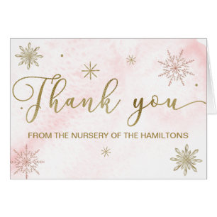Cartão Um Chá de fraldas Rosa Floco de Neve Obrigado