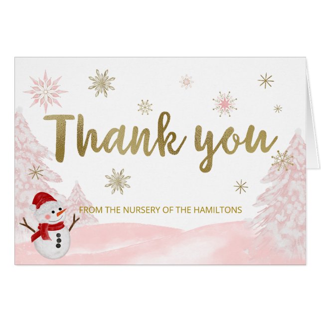 Cartão Um Chá de fraldas Rosa Floco de Neve Obrigado (Frente Horizontal)