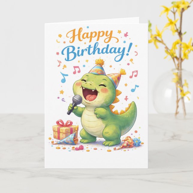 Cartão Um dinossauro divertido cantando feliz aniversário (Flor Amarela)