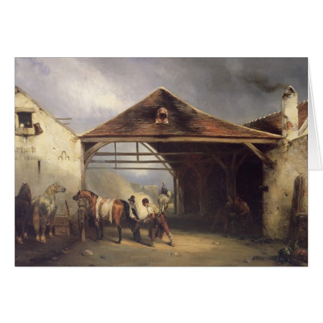 Cartão Um Farrier que calça um cavalo (Frente Horizontal)