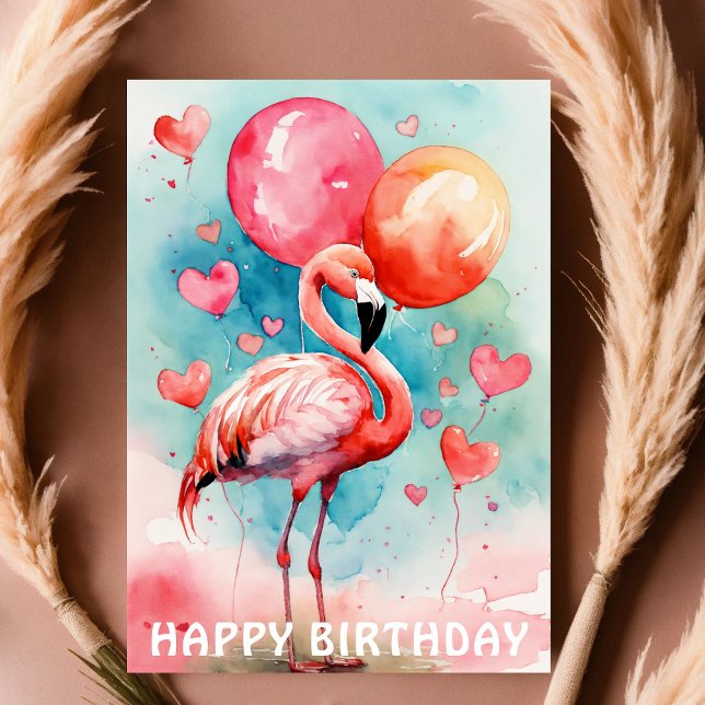 Cartão Um flamingo bonito com balões de aniversário (Criador carregado)