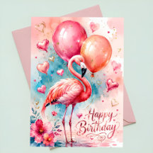 Um flamingo fofo com balões coração aniversário 