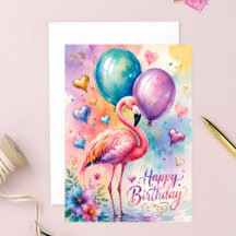 Um flamingo fofo com balões coração aniversário 