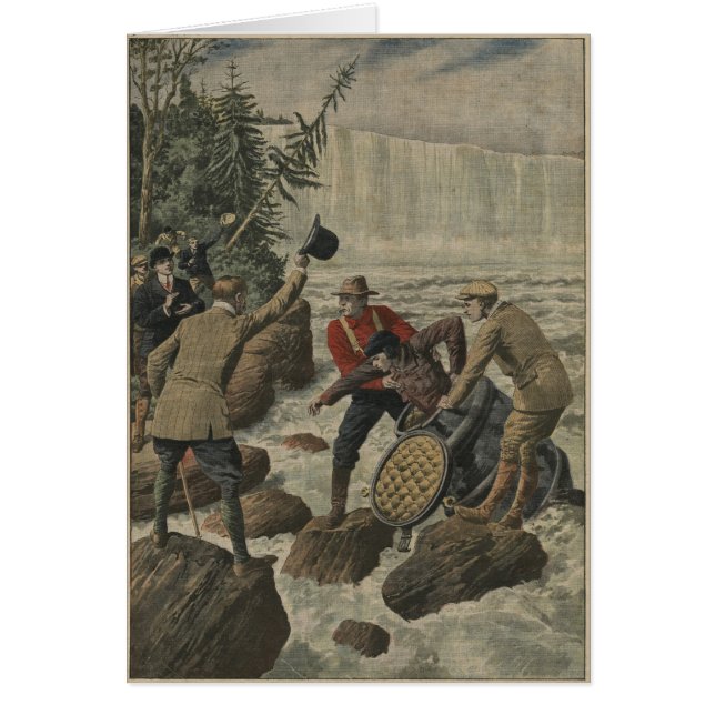 Cartão Um homem em um tambor que cruza o Niagara Falls (Frente)