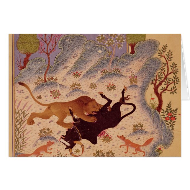 Cartão Um leão que ataca e que mata uma Bull (Frente Horizontal)