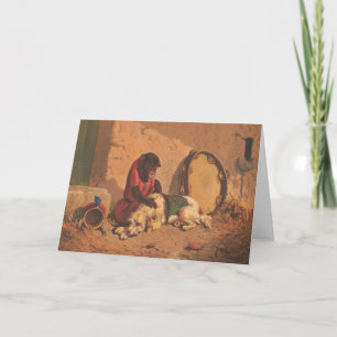 Cartão Um Macaco E Um Cachorro Com Um Grande Tambourino