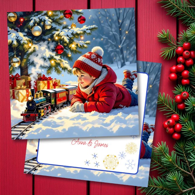 Cartão Um menino e seu trem de Natal velhos movidos (Criador carregado)