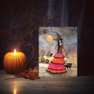 Cartão Um Passeio de Halloween Fantasia Bruxa e Gatos