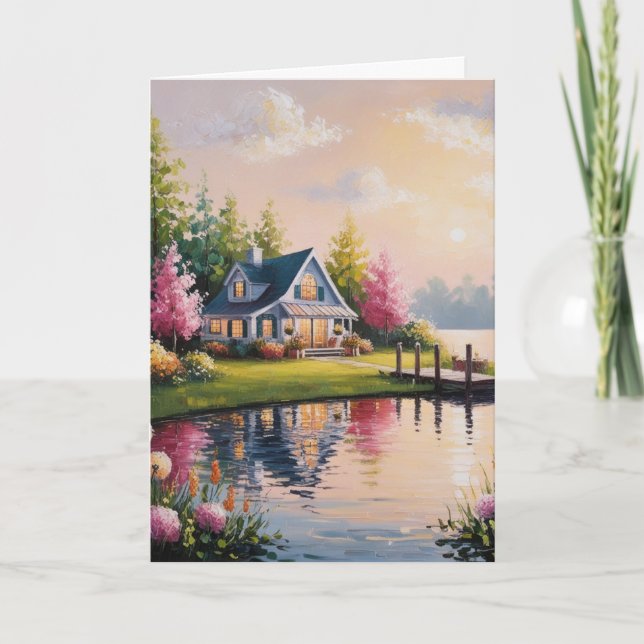 Cartão Uma charmosa cabana de aniversário à beira do lago (Frente)