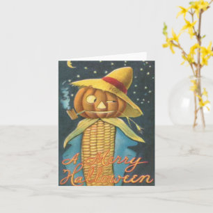 Cartão Uma Feliz no Halloween Corn Pumpkin Scarecrow Vint