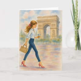 Cartão Uma garota e o Arco do Triunfo Cena Paris
