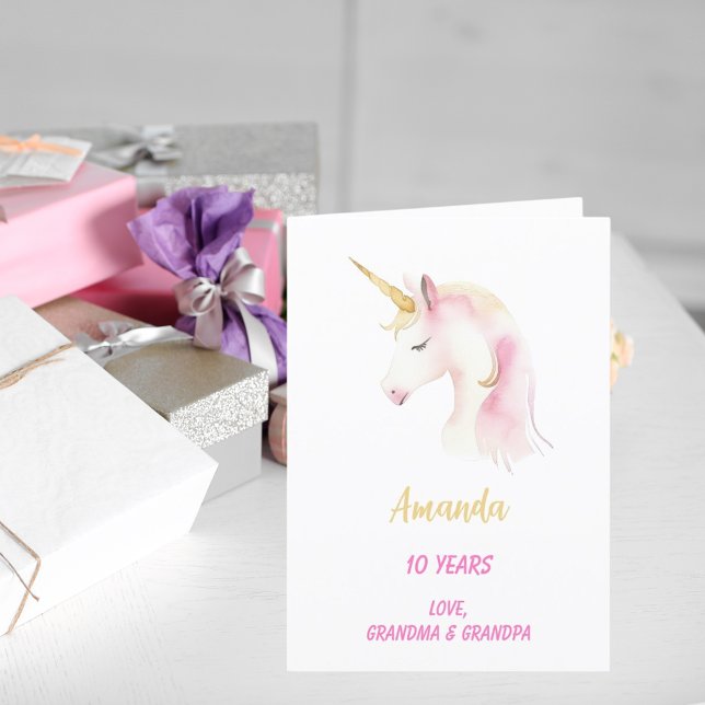 Cartão Unicorn, aniversário de foto branca rosa (Criador carregado)