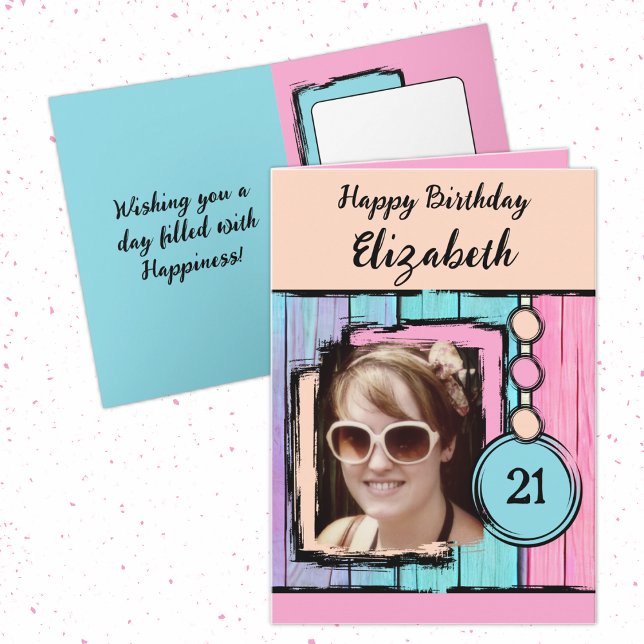 Cartão Unicorn cores faux wood add photoaniversário de 21 (Criador carregado)