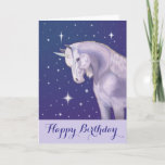 Cartão Unicorn happy birthday card<br><div class="desc">Pretty unicorn with a starry blue sky on this birthday card.</div>