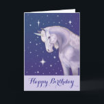 Cartão Unicorn happy birthday card<br><div class="desc">Pretty unicorn with a starry blue sky on this birthday card.</div>