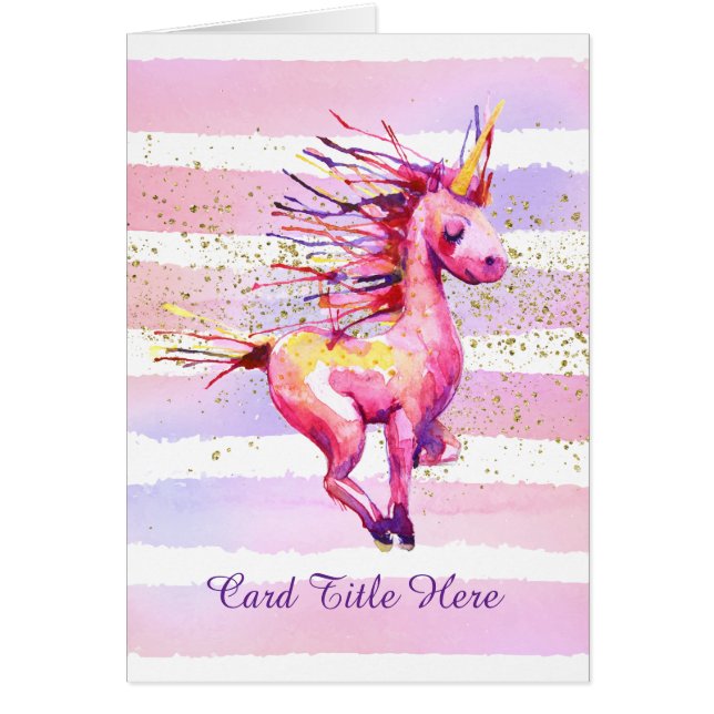 Cartão Unicorn Magic Watercolor Stripe Pink (Frente)