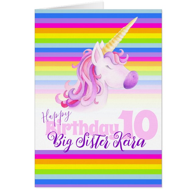 Cartão Unicorn rainbow 10th Sister birthday card (Frente)