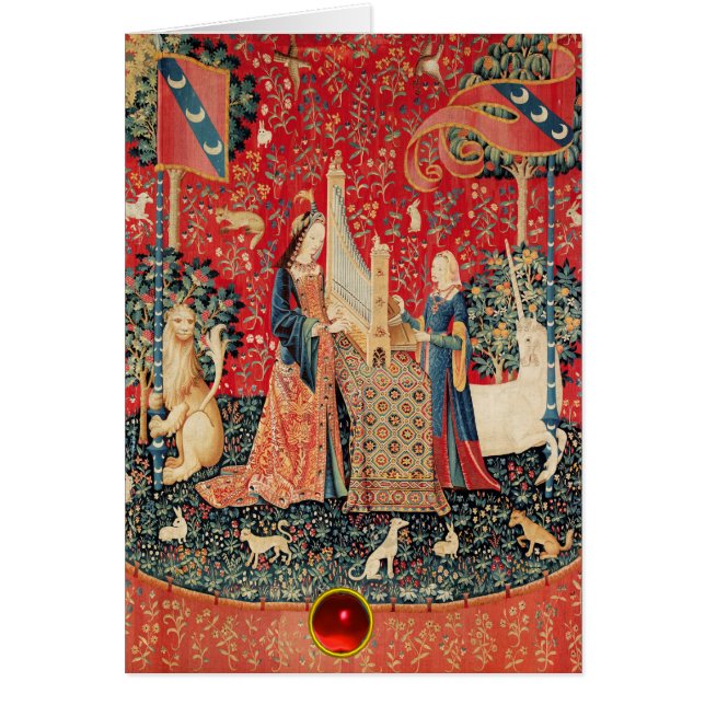 Cartão UNICORN,SENHORA JOGANDO ORGAN Red Floral Natal (Frente)