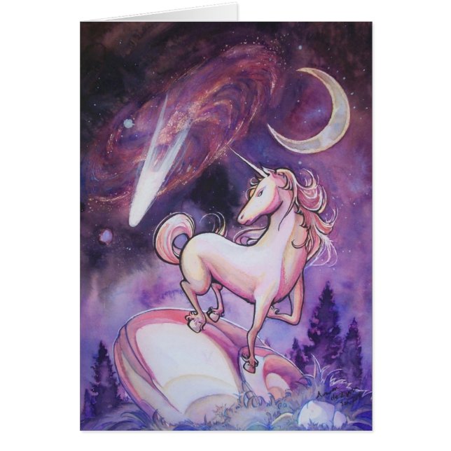 Cartão Unicórnio e céu nocturno (Frente)