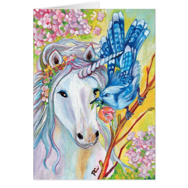 Cartão Unicórnio e Jay do primavera (Frente)