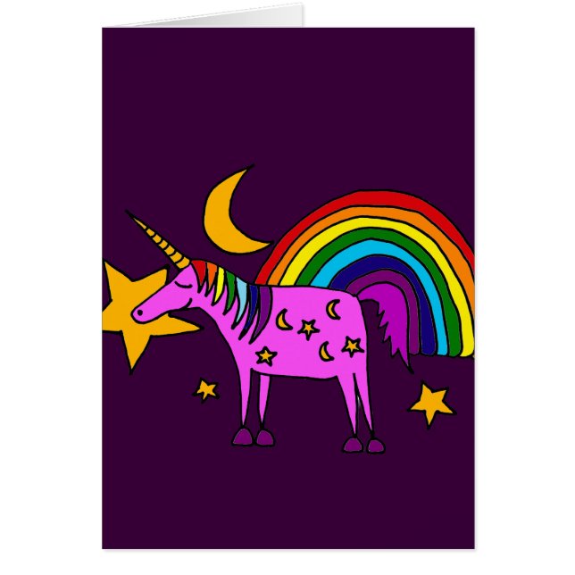 Cartão Unicórnio roxo engraçado com arco-íris e estrelas (Frente)