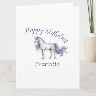 Cartão unicórnio roxo maron feliz aniversário nome crianç